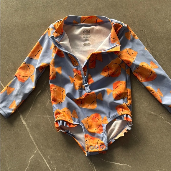 Orange Fish Print Long Sleeve Swimsuit 12M - Picture 1 of 1
